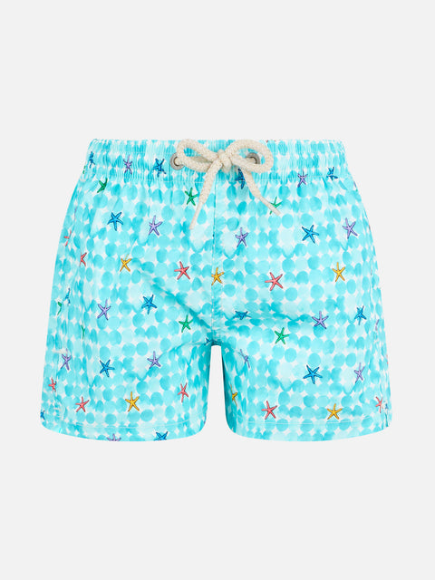 Boy light blue swim shorts with starfish print and comfort fabric - MC2 Saint Barth