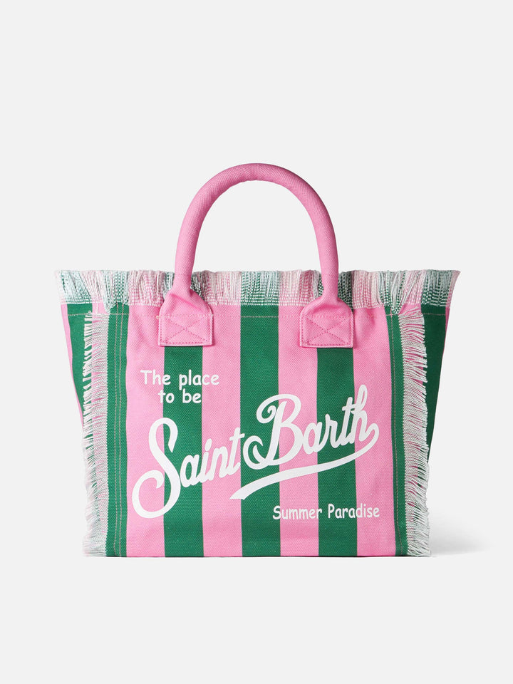 Vanity canvas shoulder bag with pink and green stripes