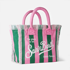 Vanity canvas shoulder bag with pink and green stripes