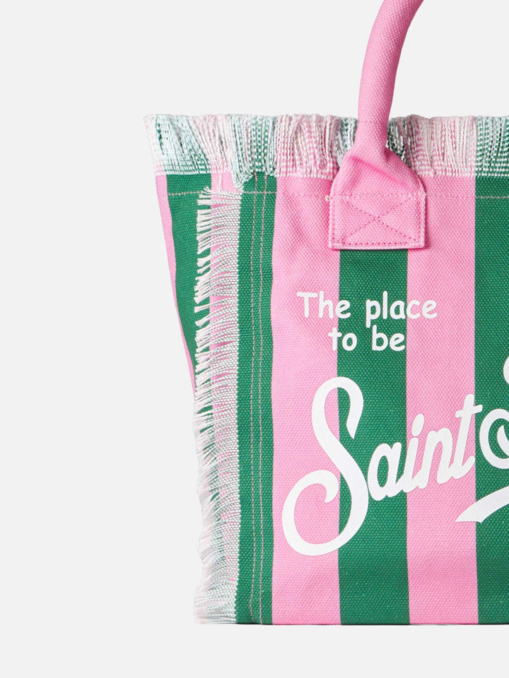 Vanity canvas shoulder bag with pink and green stripes