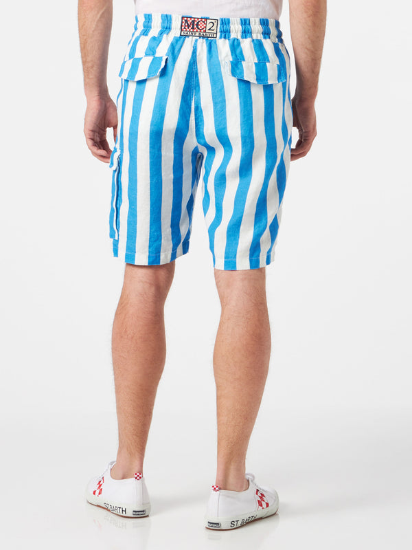 Man linen bermuda shorts with white and bluette stripes