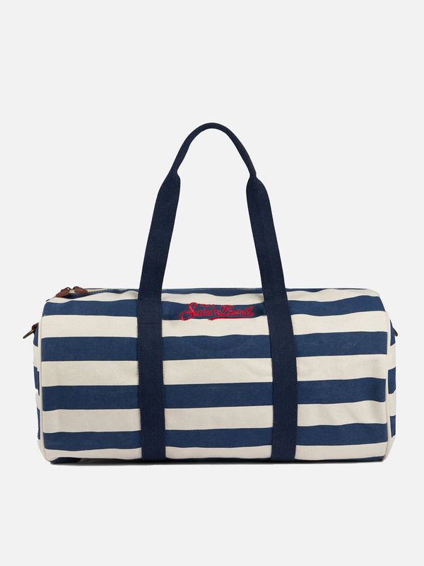 Travel duffel bag with blue stripes