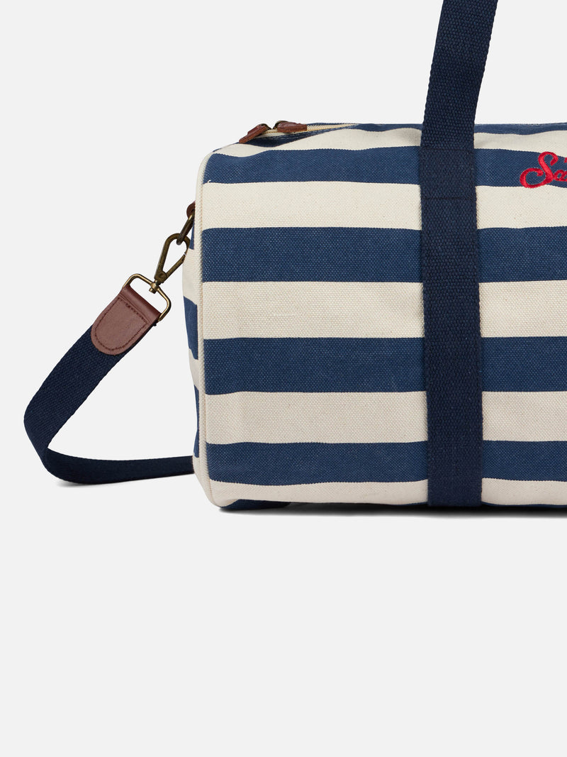 Travel duffel bag with blue stripes