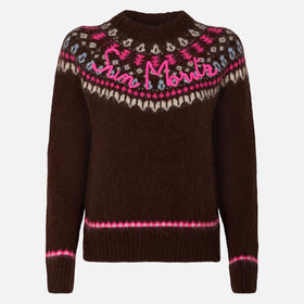 Woman brown crewneck nordic jacquard sweater