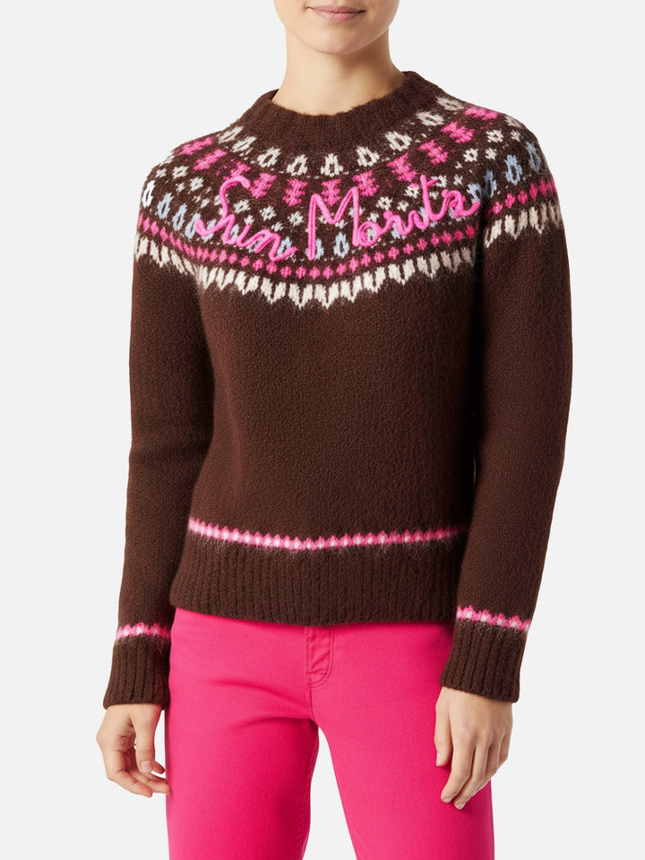 Woman brown crewneck nordic jacquard sweater