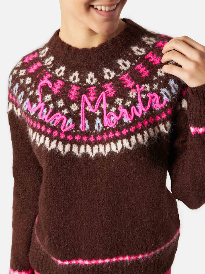 Woman brown crewneck nordic jacquard sweater