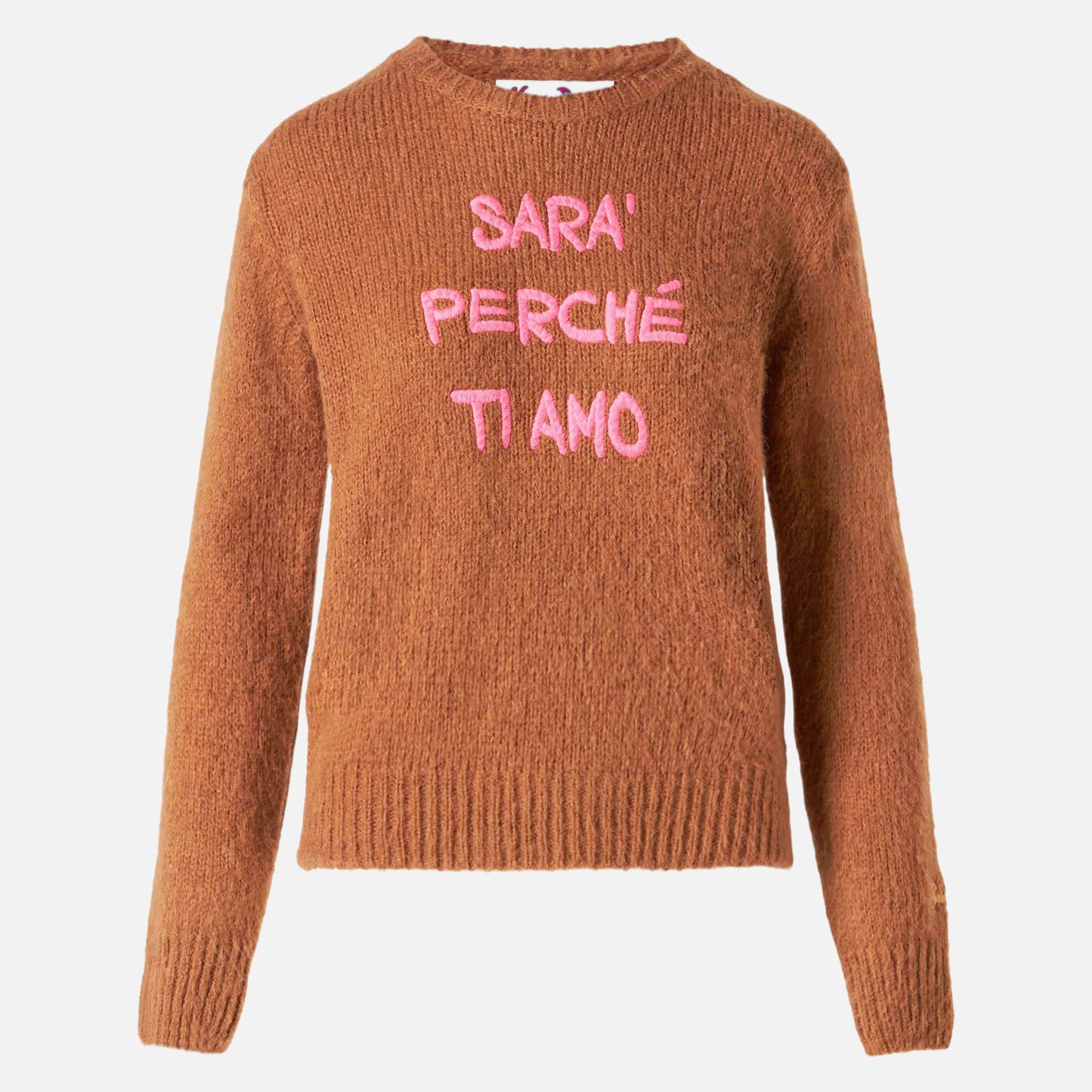 Woman brown brushed sweater with embroidery