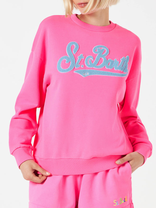 Woman fluo pink sweatshirt with St. Barth embroidery