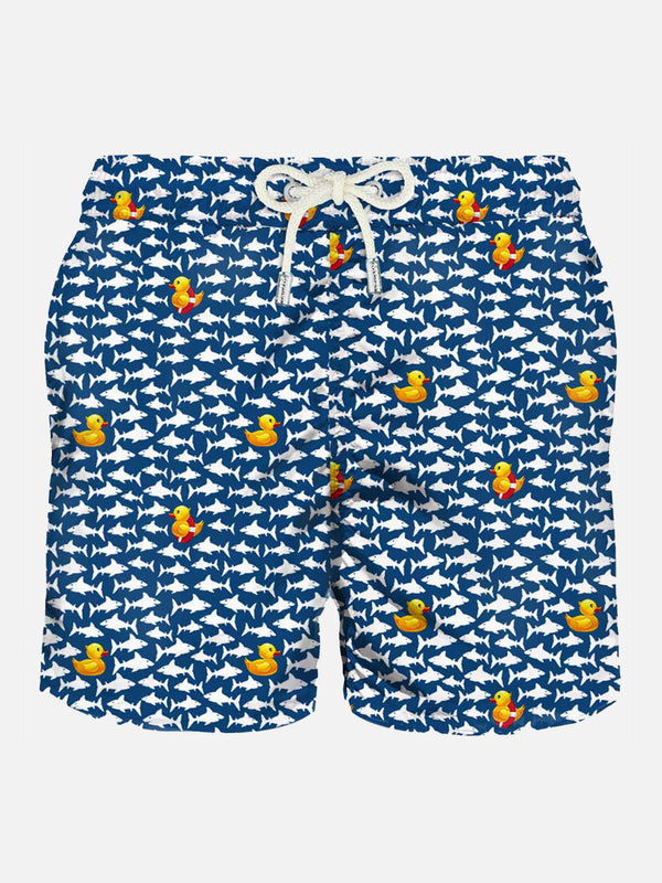 Light fabric man swim shorts duckies and sharks print