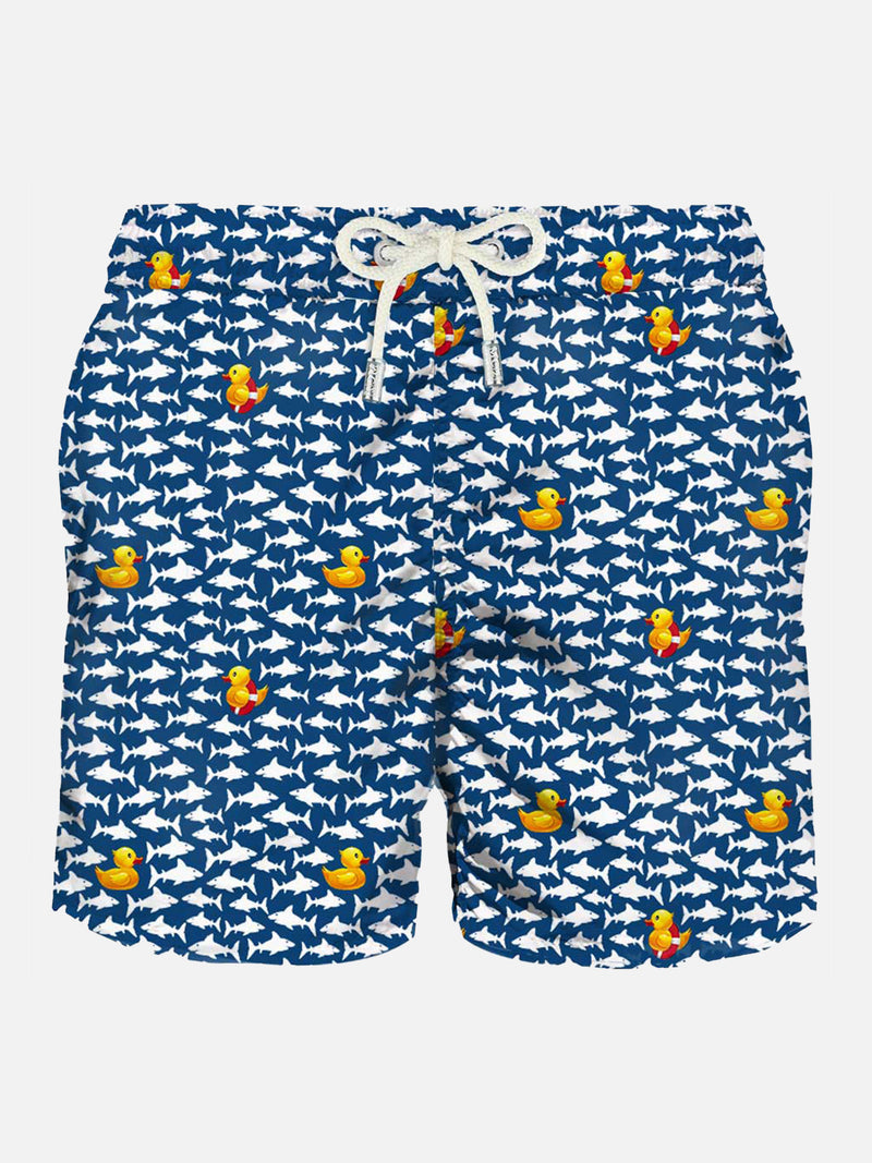 Light fabric man swim shorts duckies and sharks print