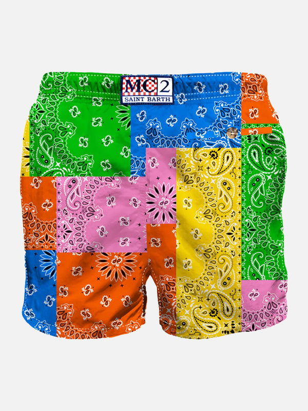 Man swim shorts with multicolor bandanna print