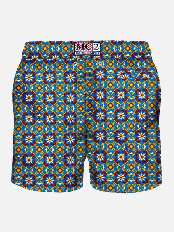 Man light fabric swim shorts with pattern