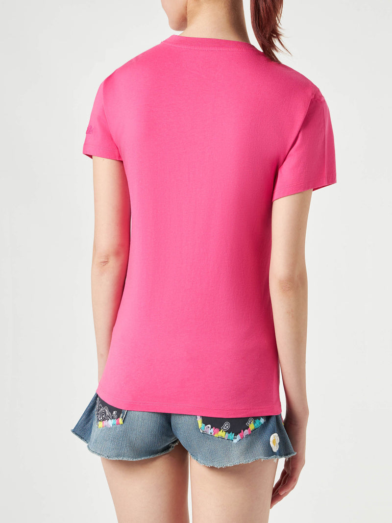 T-shirt da donna fucsia in cotone con ricamo