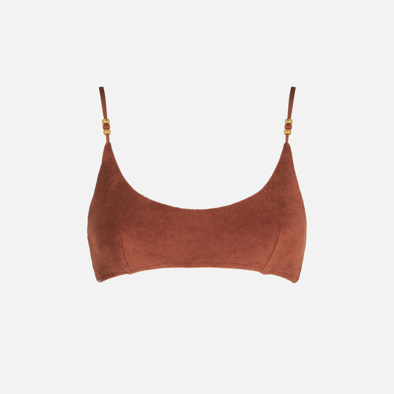 Woman brown terry bralette swimsuit with charms