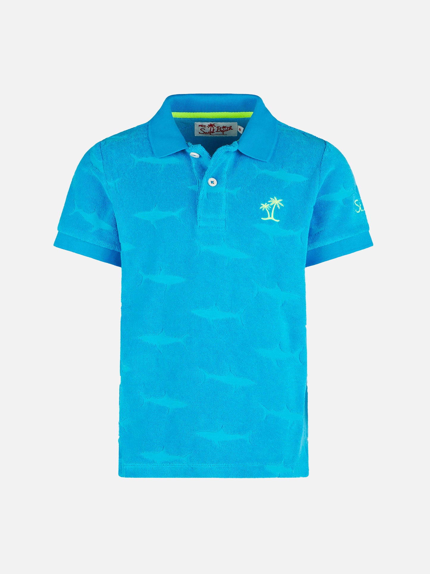 Polo da bambino bluette con squali in spugna in rilievo