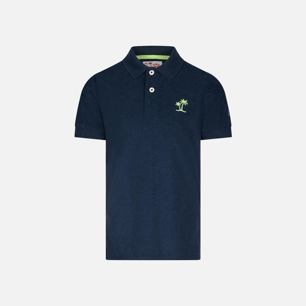 Polo da bambino in spugna blu con ricamo palme