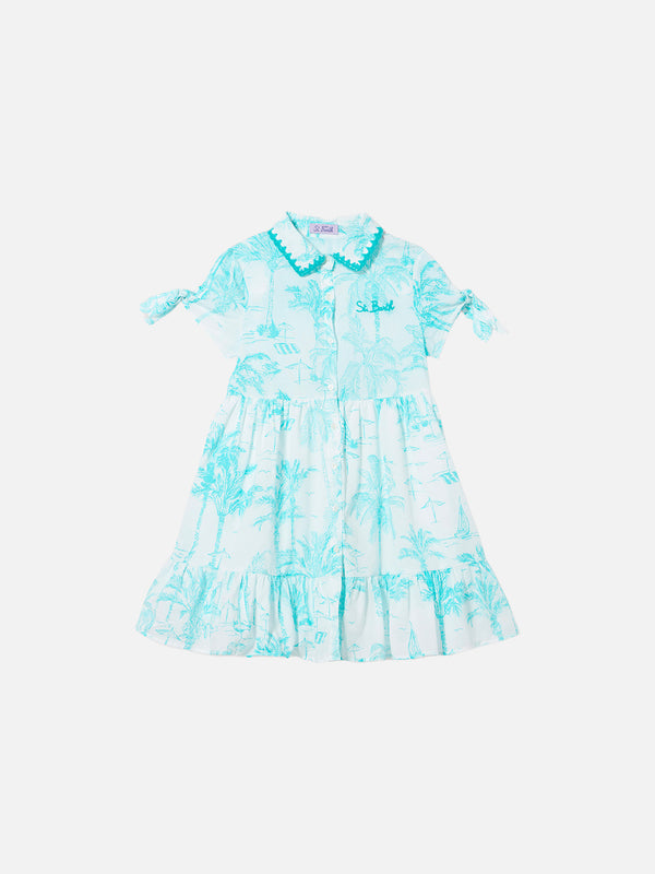 Girl dress with water green toile de jouy pattern