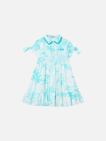 Girl dress with water green toile de jouy pattern Girl dress with water green toile de jouy pattern