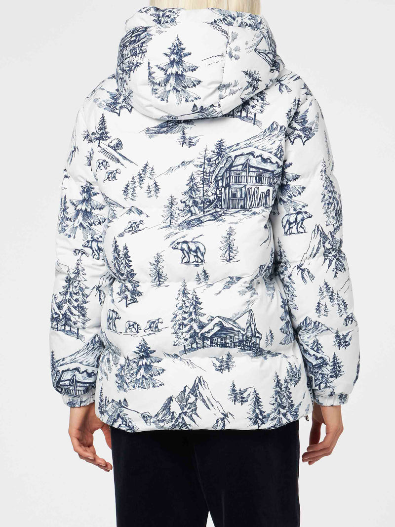 Woman hooded down padded jacket with toile de jouy print