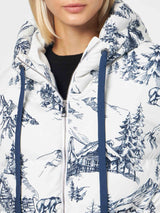 Woman hooded down padded jacket with toile de jouy print