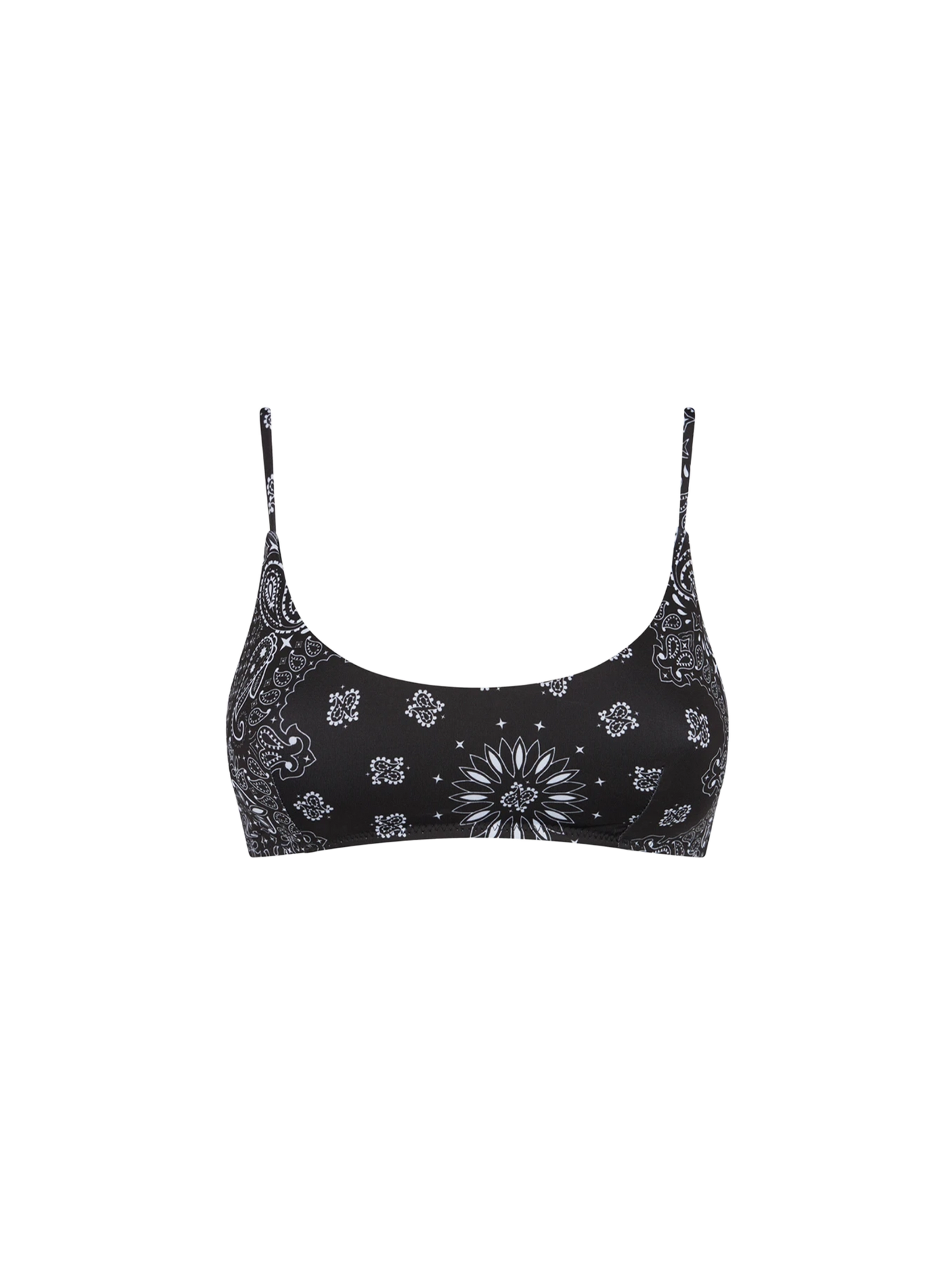Woman black bralette swimsuit with bandanna pattern