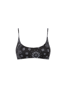 Woman black bralette swimsuit with bandanna pattern