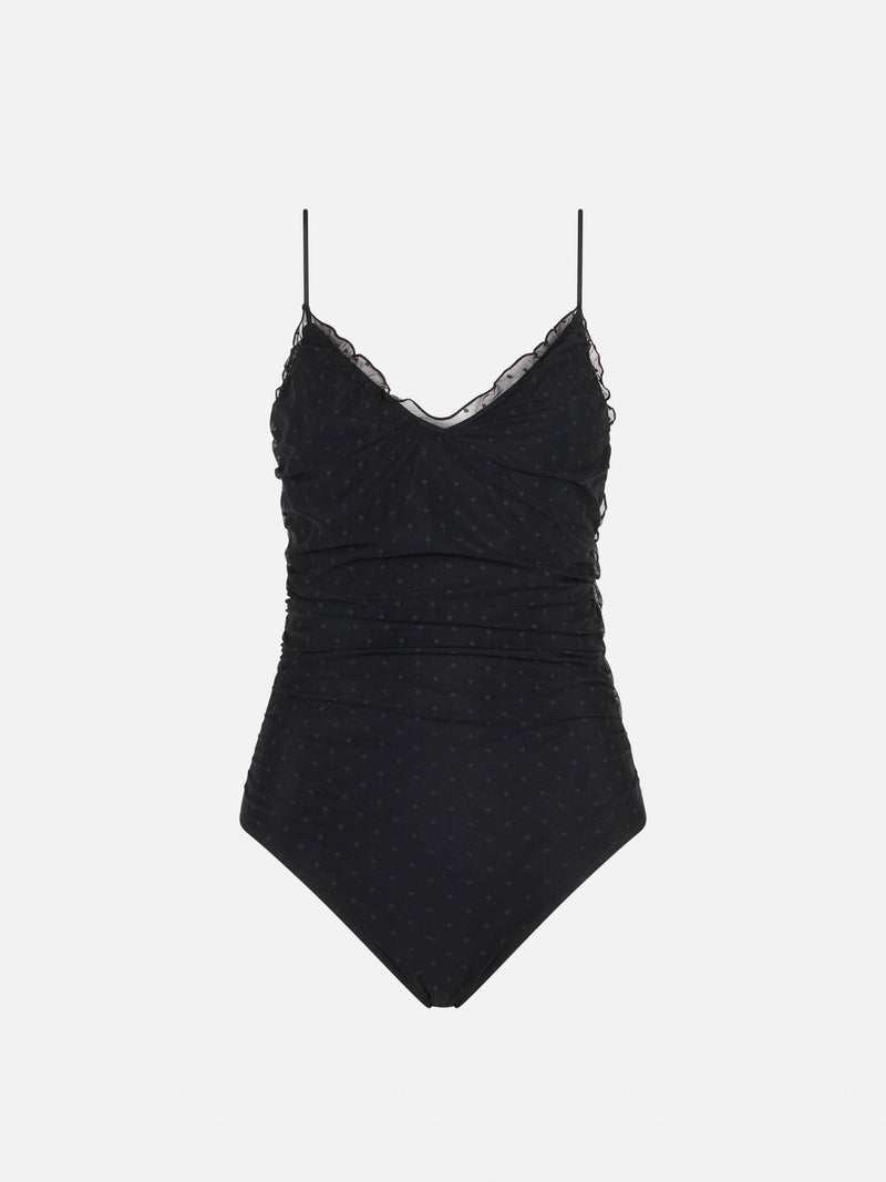 Black one piece swimsuit with tulle