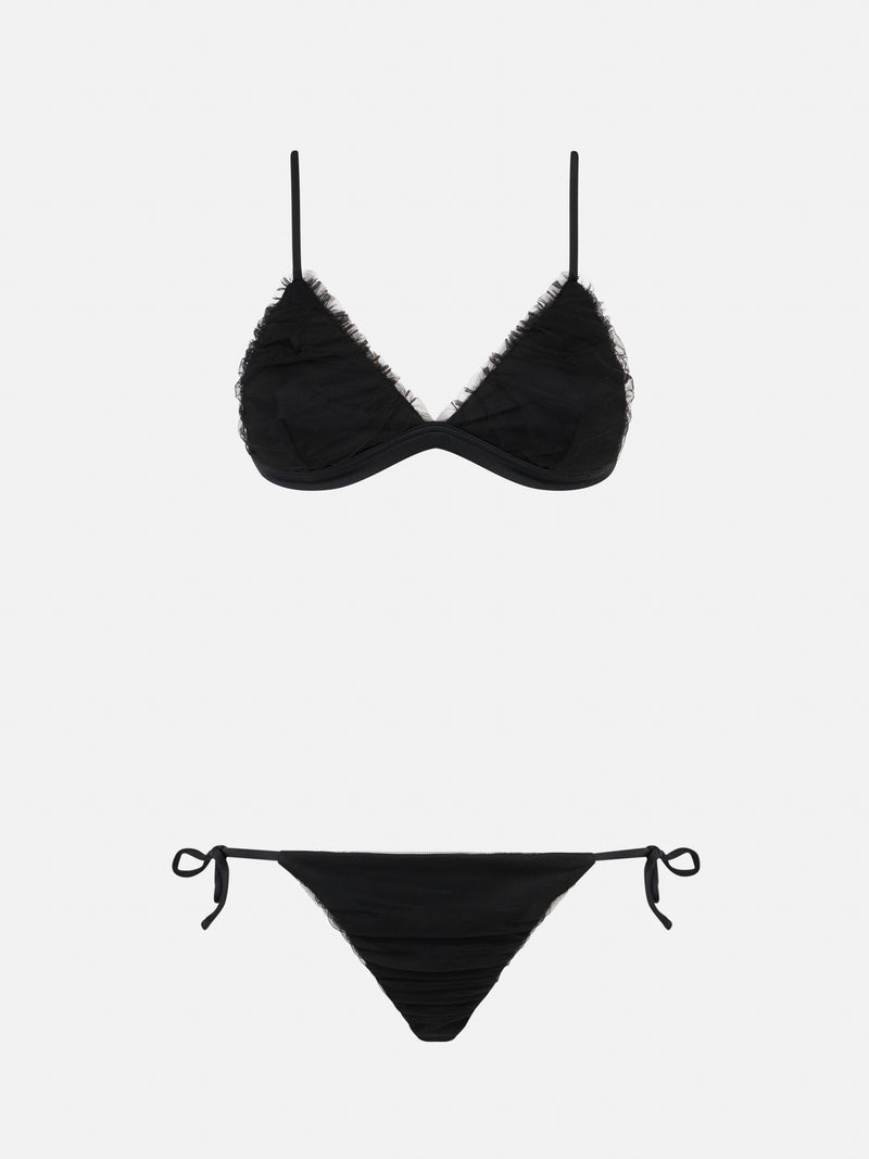 Triangle black bikini lapped with black shiny tulle