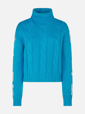 Rollkragenpullover für Damen mit Zopfmuster und Saint Barth-Jacquard