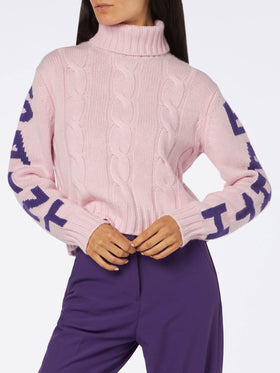 Woman turtleneck braided sweater with Saint Barth jacquard