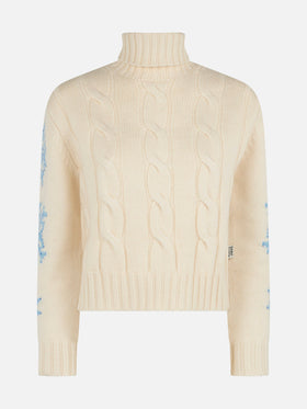 Woman turtleneck braided sweater with snowflake rhinestones