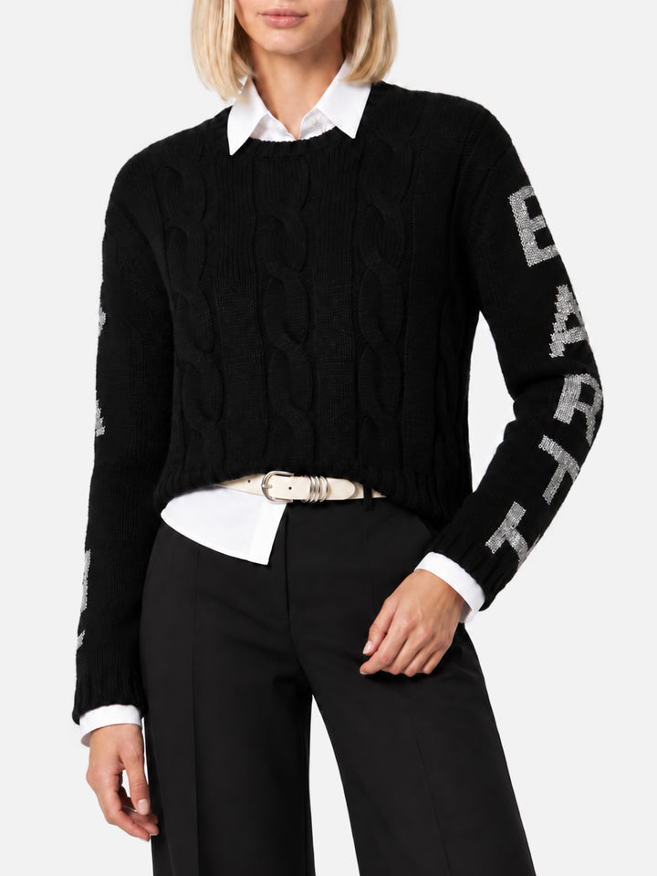 Pull noir en maille torsadée Malmo avec logo en lurex 