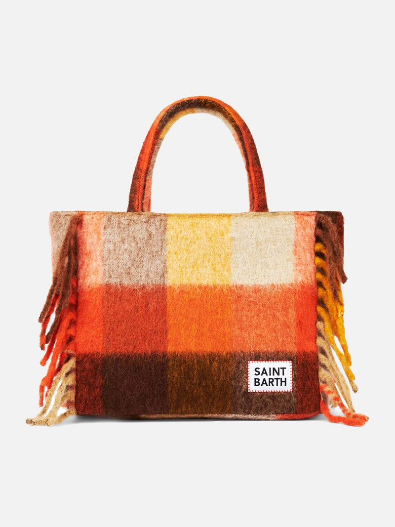 Vanity blanket shoulder bag with multicolor check and fringes