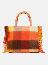 Vanity blanket shoulder bag with multicolor check and fringes