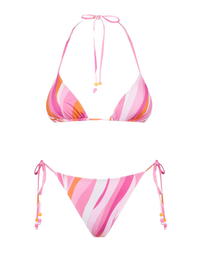 Woman triangle bikini with shape wave print and charms