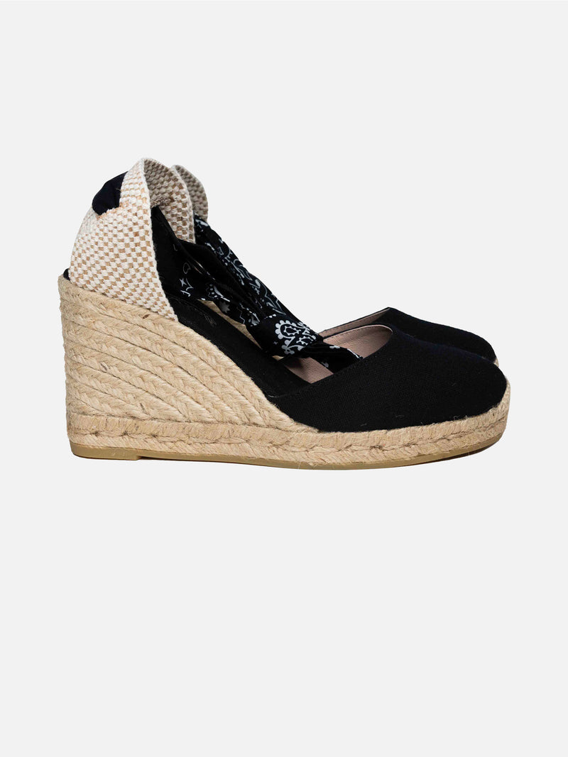 Schwarze bedruckte Canvas-Espadrillas mit hohem Keilabsatz und Knöchelspitze