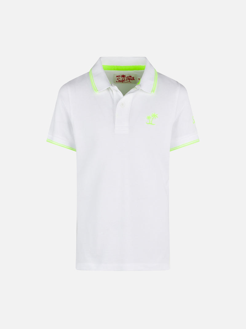 Boy white piquet polo with yellow fluo St. Barth logo