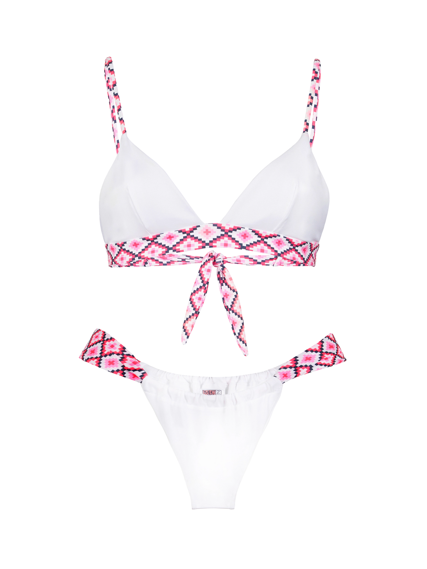 Woman triangle bikini with geometric pattern
