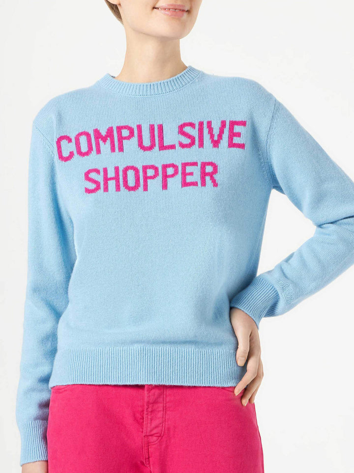 Woman crewneck light blue sweater with Compulsive Shopper jacquard - MC2 Saint Barth
