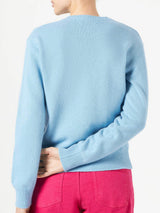 Woman crewneck light blue sweater with Compulsive Shopper print