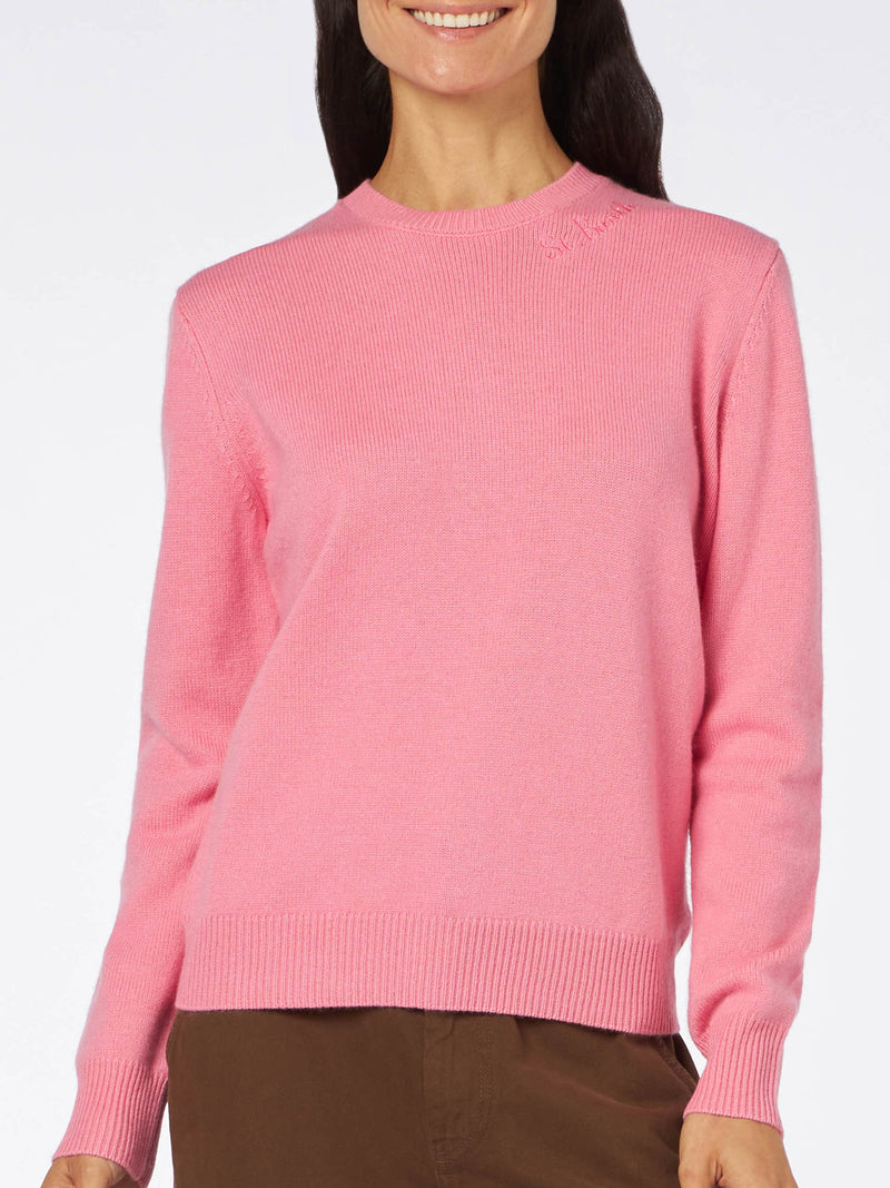 Maglia da donna girocollo rosa con ricamo St. Barth