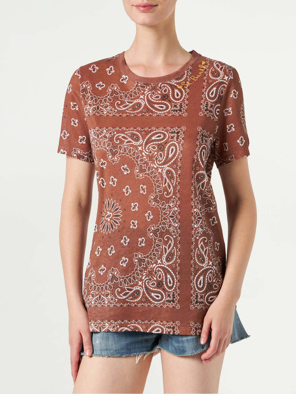 Woman linen t-shirt with bandanna print