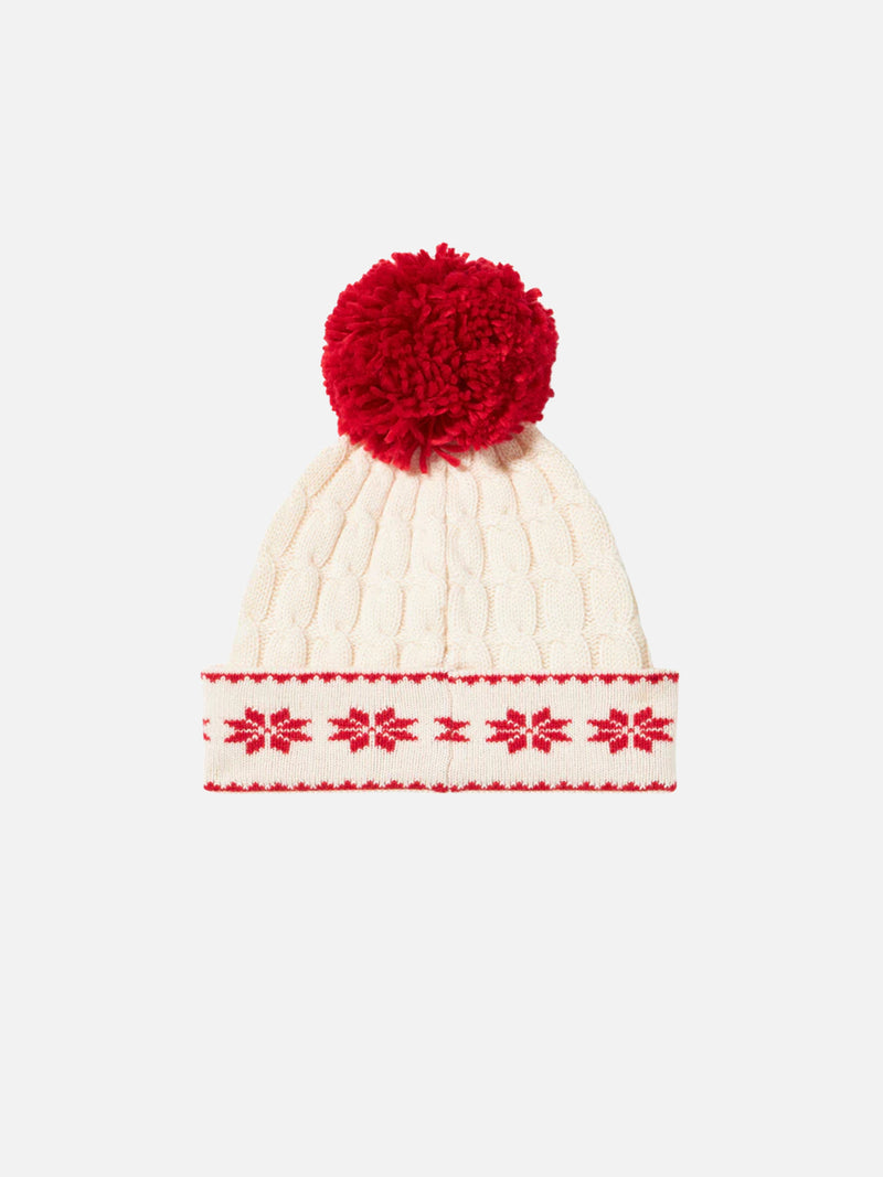 Woman white beanie with pompon