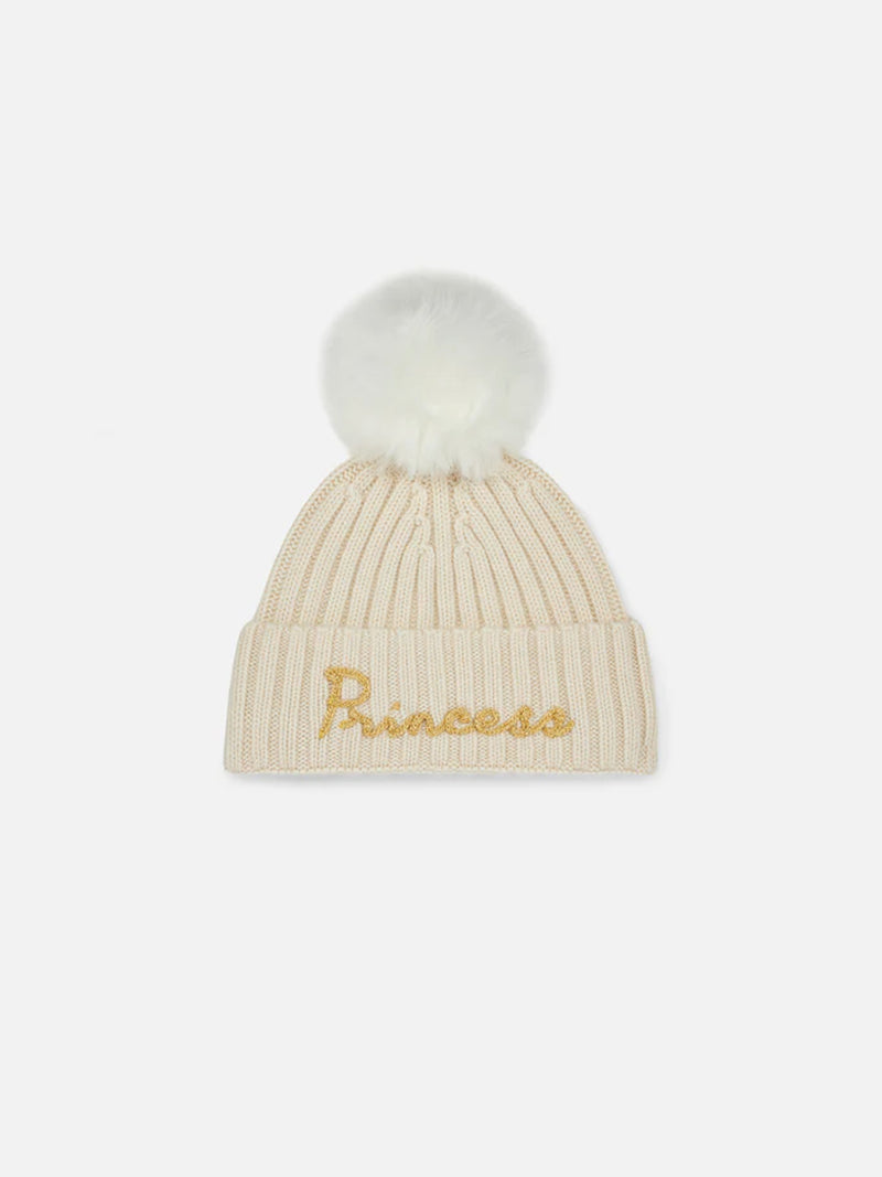 Girl white beanie with Princess embroidery