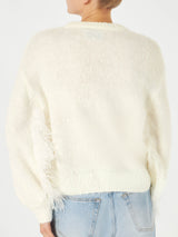 Woman white brushed crewneck sweater with fringes