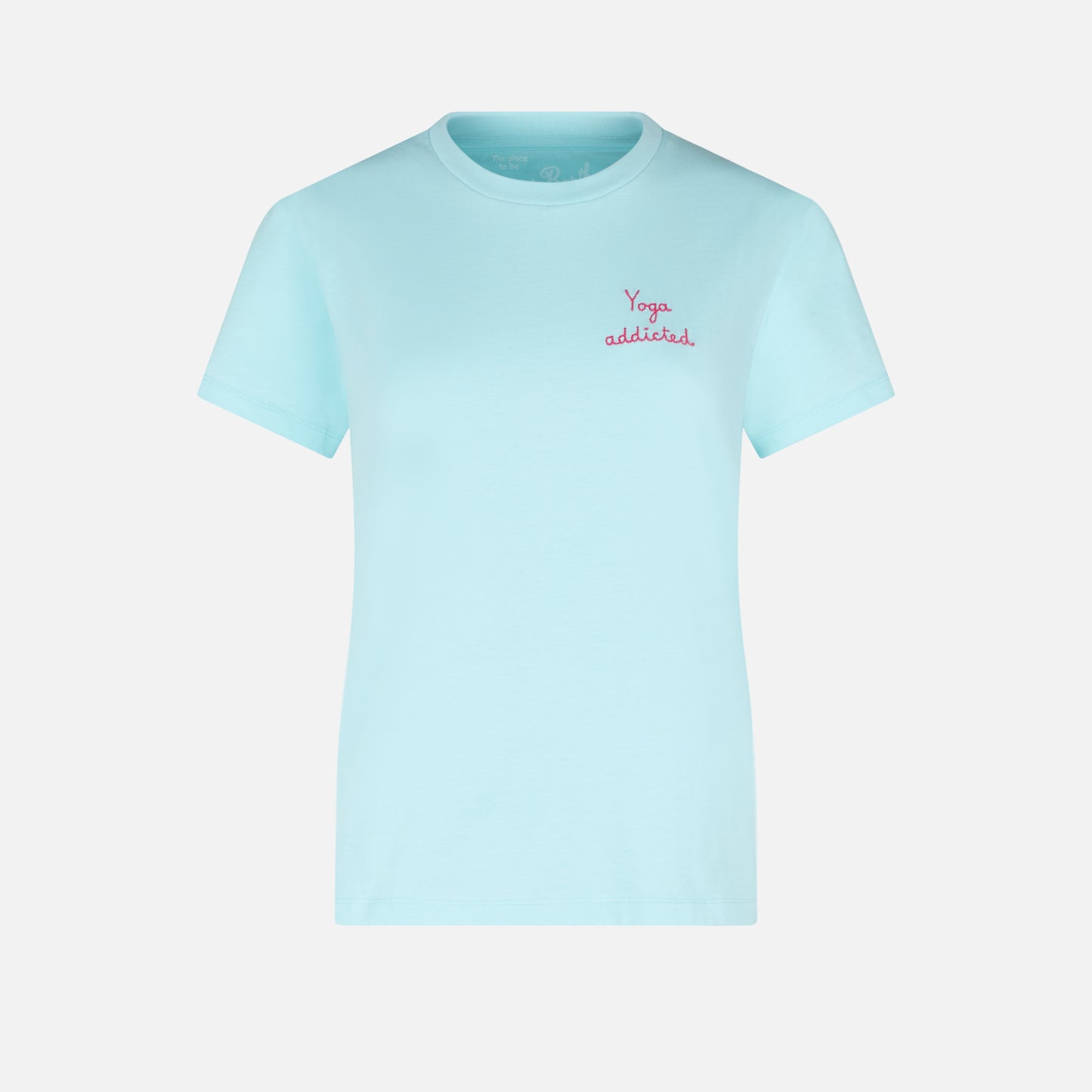 Damen-T-Shirt aus Baumwolle mit gesticktem „Yoga Addicted“-Schriftzug