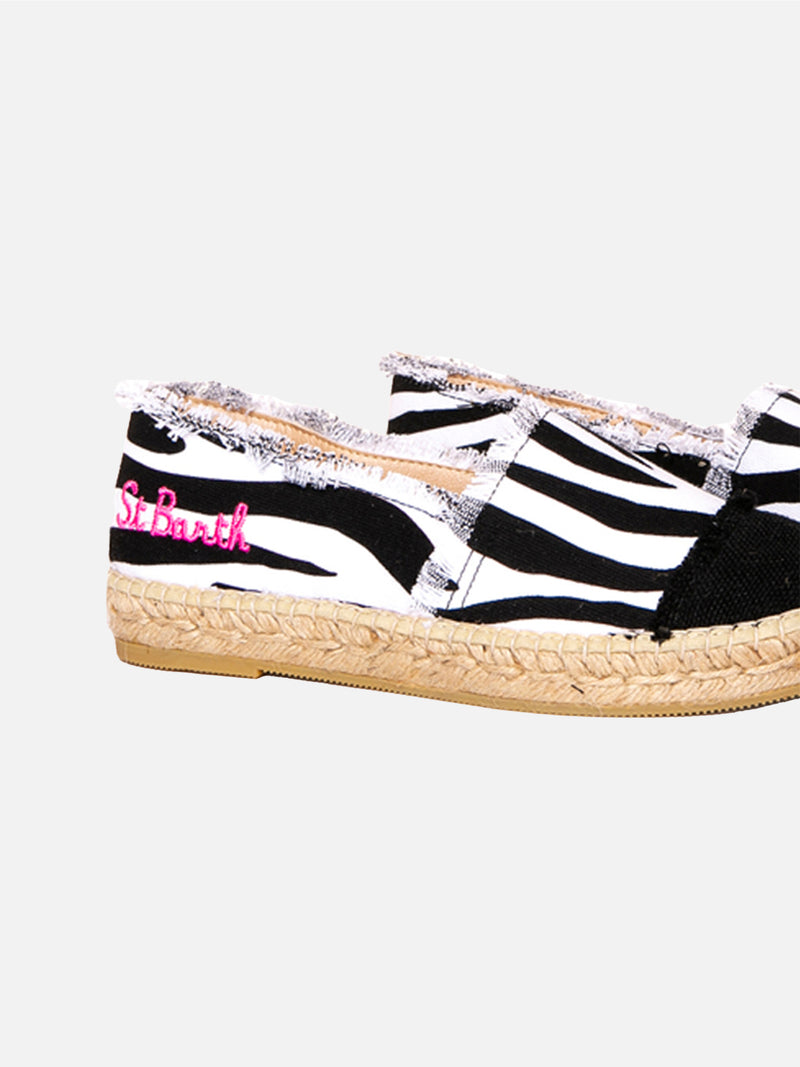 Zebra print canvas espadrillas with embroidery