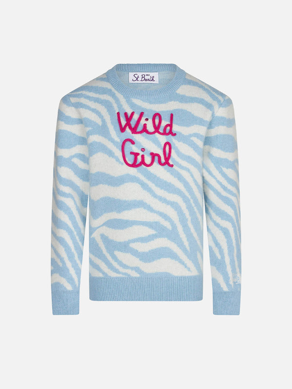 Gebürsteter Mädchenpullover mit Zebramuster und Wild Girl-Stickerei