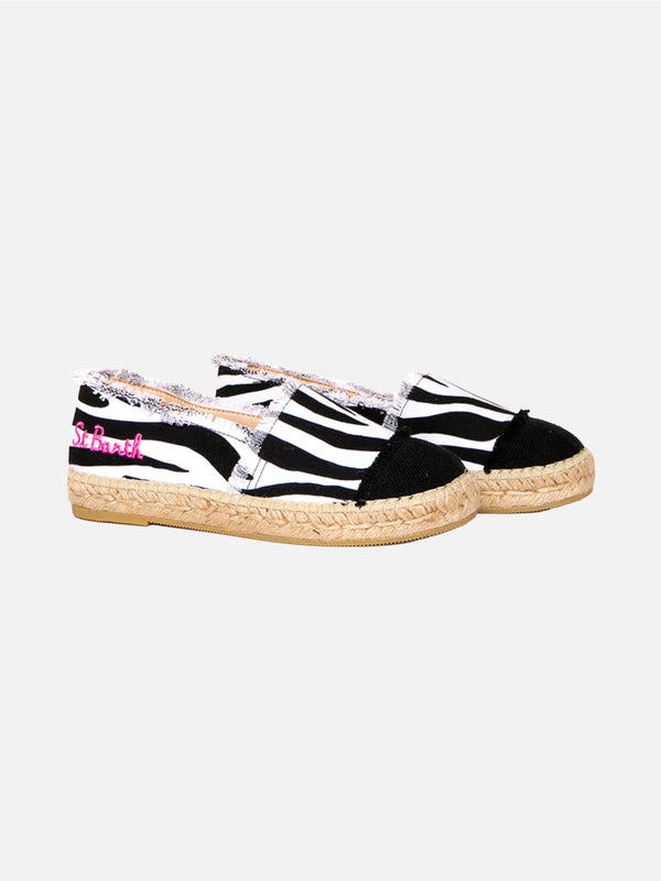 Zebra print canvas espadrillas with embroidery