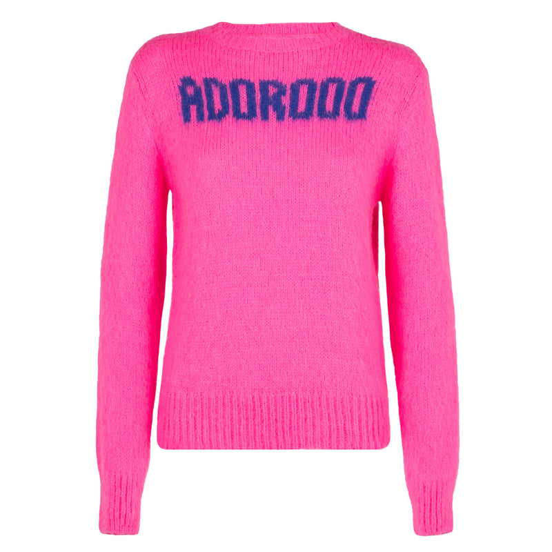 Woman fluo pink brushed sweater with Adoro print